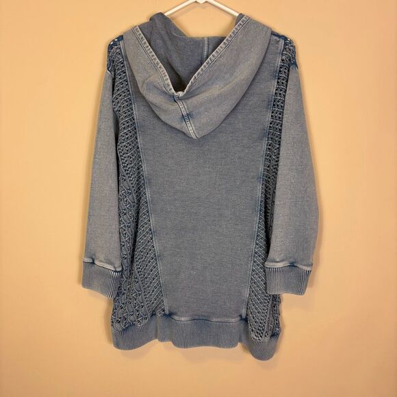 Soft Surroundings Blue Knit Side Hooded Quarter Zip Hooded Pullover Small - Picture 2 of 7